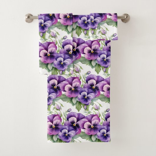 Elegante Paarse Pansy Pansies Bloemenhanddoek Set Bad Handdoek (Insitu)
