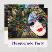 Elegante Paarse Pauw Masquerade Party Kaart (Voorkant / Achterkant)