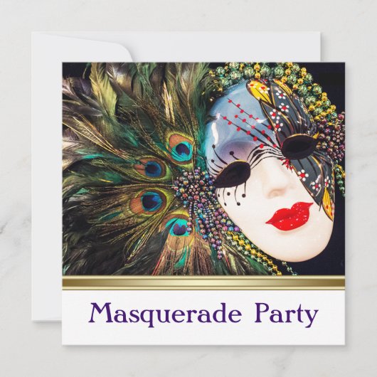 Elegante Paarse Pauw Masquerade Party Kaart (Voorkant)
