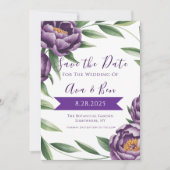 Elegante Paarse pioenen bruiloft Save the Date Kaa (Voorkant)