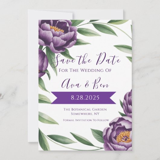 Elegante Paarse pioenen bruiloft Save the Date Kaa (Voorkant)