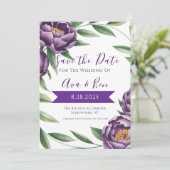 Elegante Paarse pioenen bruiloft Save the Date Kaa (Staand voorkant)