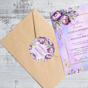 Elegante paarse pioenen lila wisteria bruiloft ronde sticker