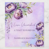 Elegante paarse pioenen lila wisteria bruiloft wijn etiket (Enkel label)