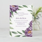 Elegante Paarse pioenen Waterverf bruiloft Kaart (Staand voorkant)