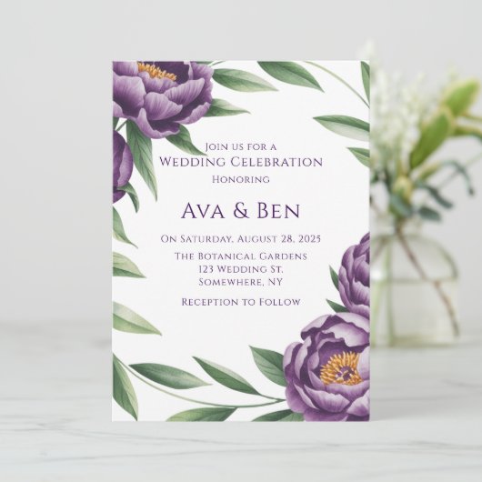 Elegante Paarse pioenen Waterverf bruiloft Kaart (Staand voorkant)