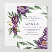 Elegante Paarse pioenen Waterverf bruiloft Kaart (Voorkant / Achterkant)