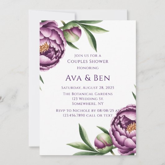 Elegante Paarse pioenroos bloemenparen Douche Kaart (Voorkant)