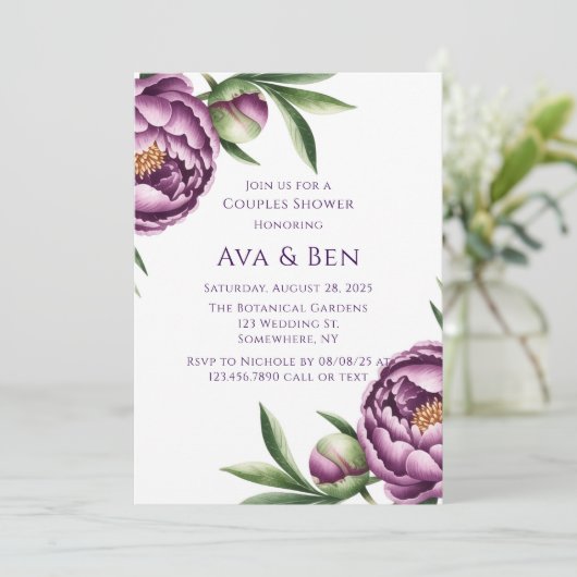 Elegante Paarse pioenroos bloemenparen Douche Kaart (Staand voorkant)