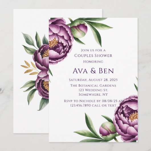 Elegante Paarse pioenroos bloemenparen Douche Kaart (Voorkant / Achterkant)