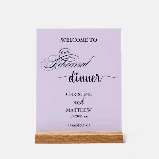 Elegante paarse proefhuwelijksdiner welkom acryl bord (Voorkant)