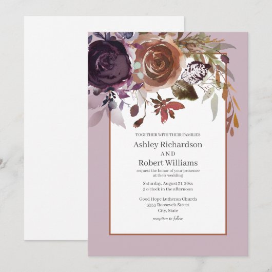 Elegante Paarse pruim roze gouden bloemenbruiloft Kaart (Voorkant / Achterkant)
