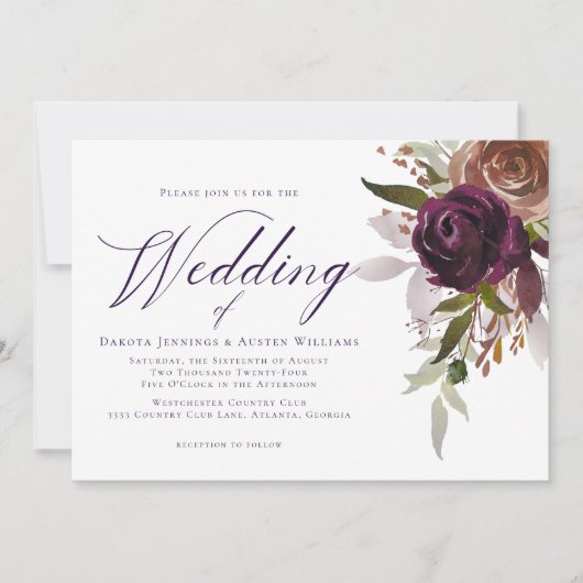 Elegante Paarse Pruimen Bloemrijke Chic Script Bru Kaart (Voorkant)