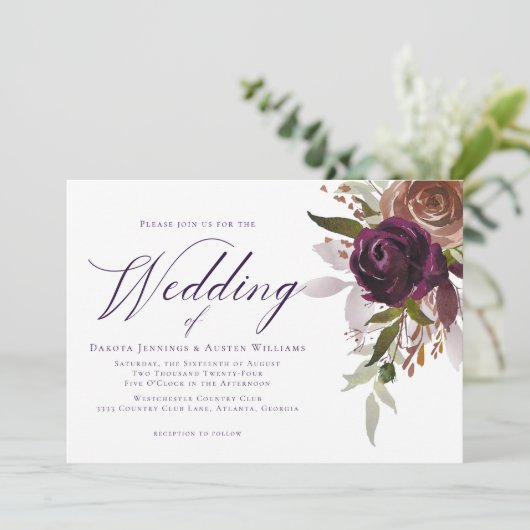 Elegante Paarse Pruimen Bloemrijke Chic Script Bru Kaart (Staand voorkant)