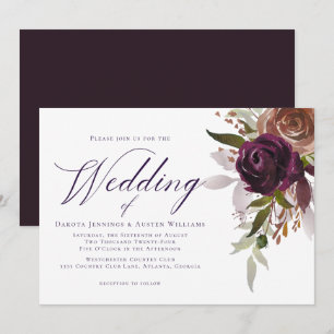 Elegante Paarse Pruimen Bloemrijke Chic Script Bru Kaart