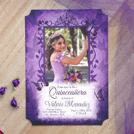 Elegante Paarse Quinceanera Fancy wijnstok foto ra Kaart