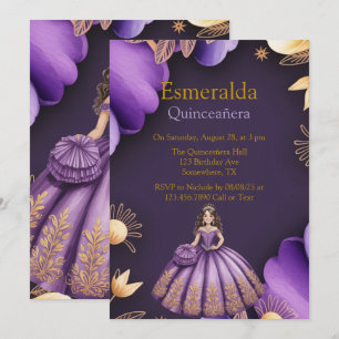 Elegante Paarse Quinceañera Girl Art Kaart