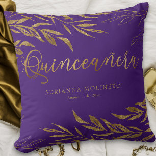 Elegante paarse Quinceanera met gouden blad Kussen