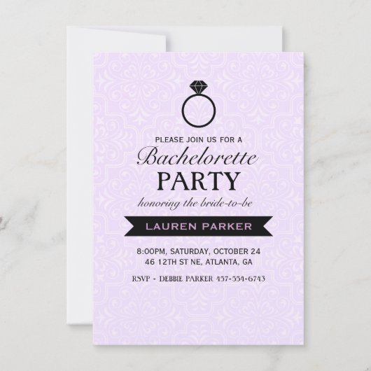 Elegante Paarse Ring & Zwarte Bachelorette Uitnodi Kaart (Voorkant)