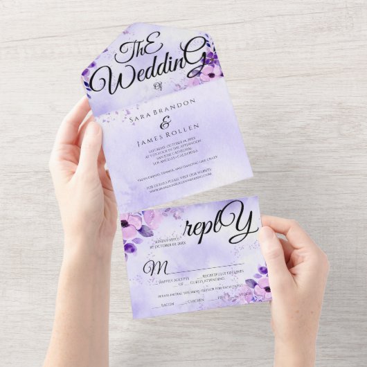 Elegante Paarse romantische kalligrafie De bruilof All In One Uitnodiging (Afscheurbaar)