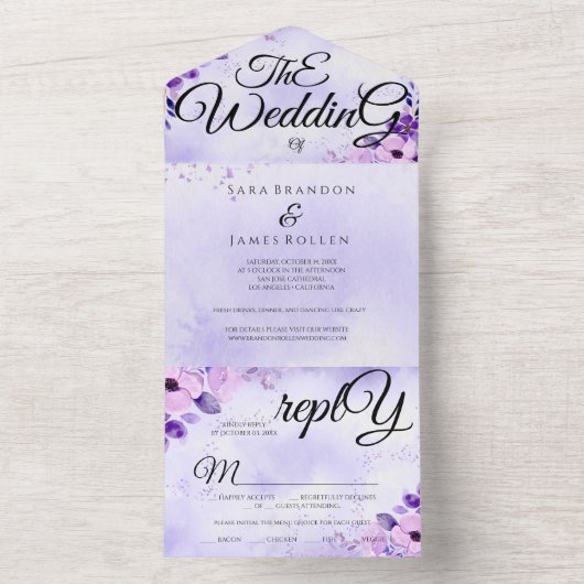 Elegante Paarse romantische kalligrafie De bruilof All In One Uitnodiging (Binnen)