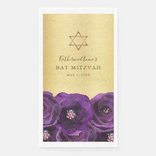 Elegante Paarse Roos Bloemrijke Gouden Bat Mitzvah Servet
