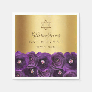 Elegante Paarse Roos Bloemrijke Gouden Bat Mitzvah Servet