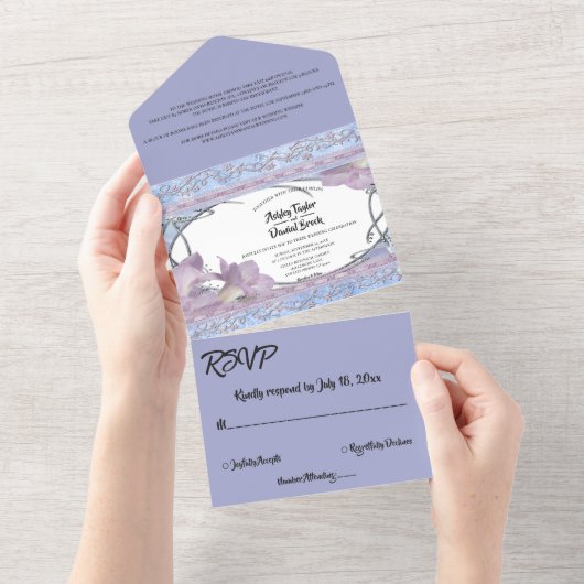 Elegante  Paarse Roos delicate bruiloft All In One Uitnodiging (Afscheurbaar)