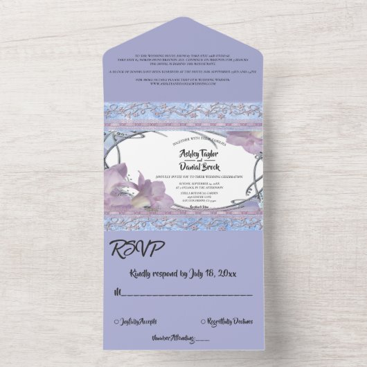 Elegante  Paarse Roos delicate bruiloft All In One Uitnodiging (Binnen)