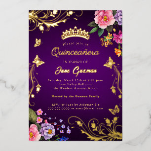 Elegante Paarse Roos Draai Gouden Quinceañera Folie Uitnodiging