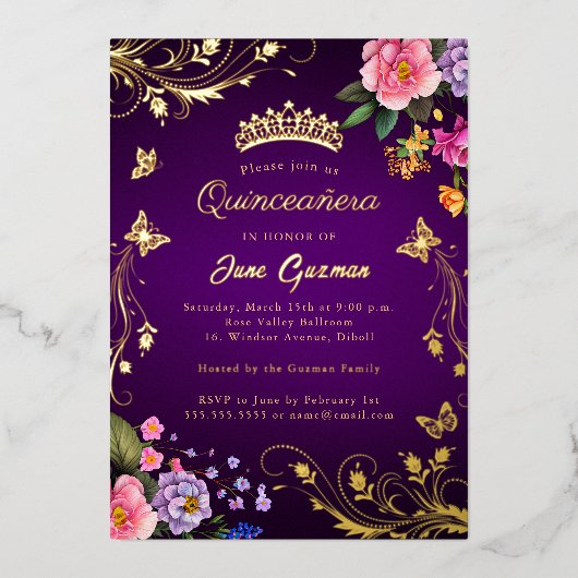 Elegante Paarse Roos Draai Gouden Quinceañera Folie Uitnodiging (Voorkant)