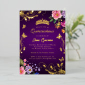 Elegante Paarse Roos Draai Gouden Quinceañera Folie Uitnodiging (Staand Voorkant)