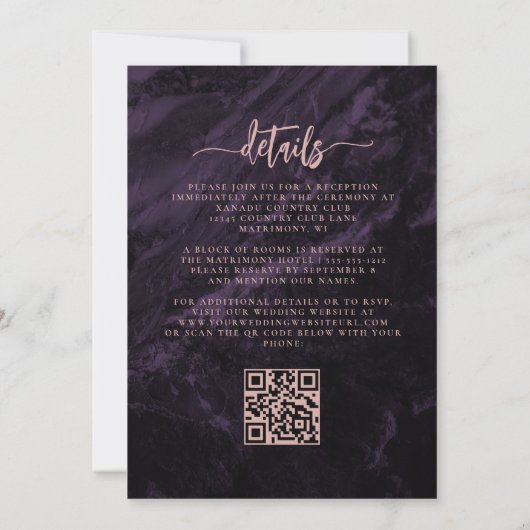Elegante Paarse Roos Gouden Bloemen QR Code Huweli Kaart (Achterkant)