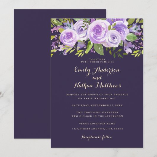 Elegante Paarse Roos Lavendel Bloemen Huwelijk Kaart (Voorkant / Achterkant)