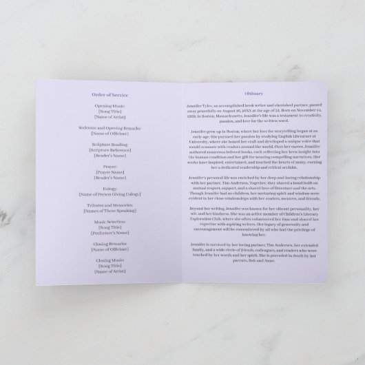 Elegante Paarse rouwrouwdienst Programma (Binnen)