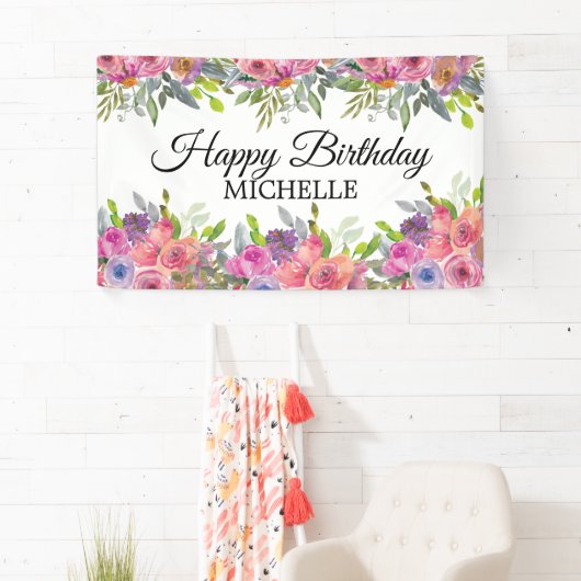 Elegante Paarse Roze Bloemen Gelukkige Verjaardags Spandoek (Insitu)