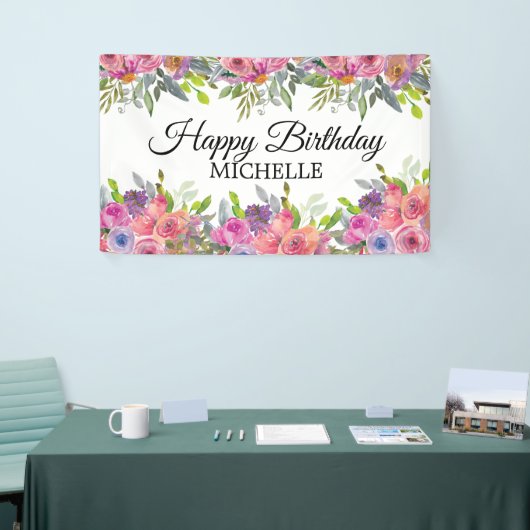 Elegante Paarse Roze Bloemen Gelukkige Verjaardags Spandoek (Beurs)