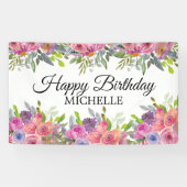Elegante Paarse Roze Bloemen Gelukkige Verjaardags Spandoek (Horizontaal)