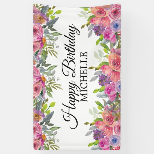 Elegante Paarse Roze Bloemen Gelukkige Verjaardags Spandoek (Verticaal)