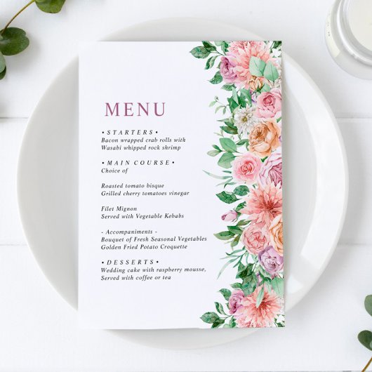 Elegante Paarse & Roze Bloemen Wedding Menu