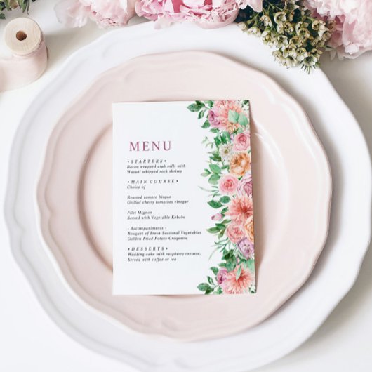 Elegante Paarse & Roze Bloemen Wedding Menu