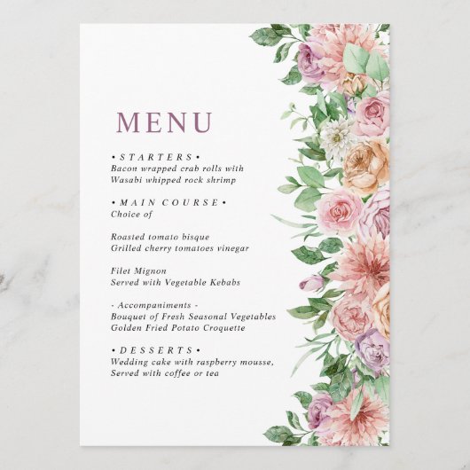 Elegante Paarse & Roze Bloemen Wedding Menu (Voorkant)