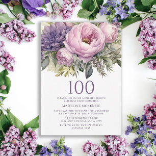 Elegante paarse roze bloemige 100ste verjaardag kaart