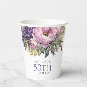 Elegante Paarse Roze Bloemige 50e Verjaardag Papieren Bekers