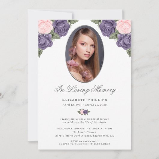 Elegante Paarse roze bloemige foto herdenkingsdien Kaart (Voorkant)