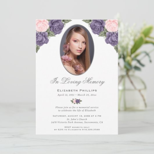 Elegante Paarse roze bloemige foto herdenkingsdien Kaart (Staand voorkant)