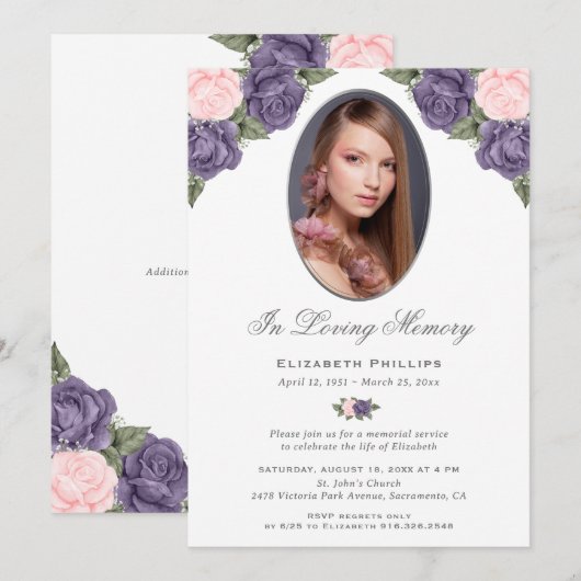 Elegante Paarse roze bloemige foto herdenkingsdien Kaart (Voorkant / Achterkant)