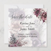 Elegante paarse, roze en bordeauxrode bloemige bru save the date (Voorkant)