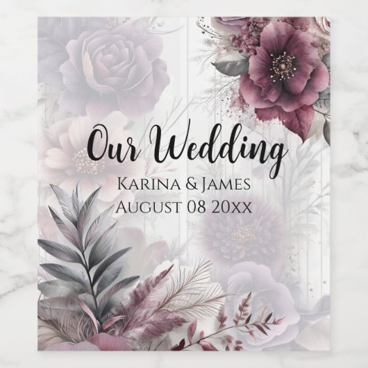 Elegante paarse, roze en kastanjebruine bloemen wijn etiket (Enkel label)