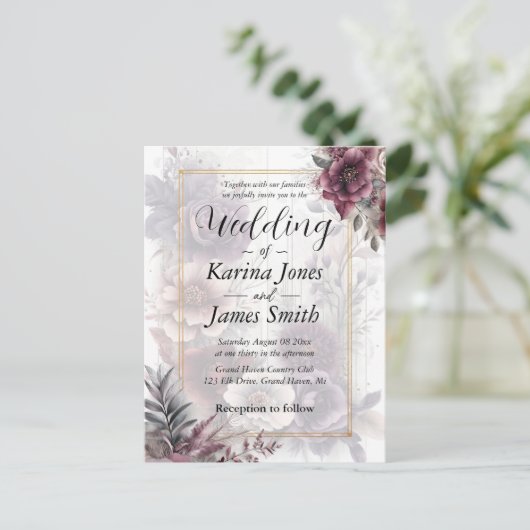 Elegante paarse, roze en kastanjebruine bloemenbru briefkaart (Staand voorkant)